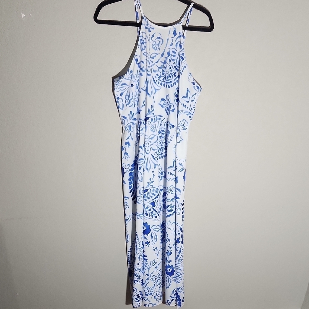 Floral Dress Maxi Blue White Tropical